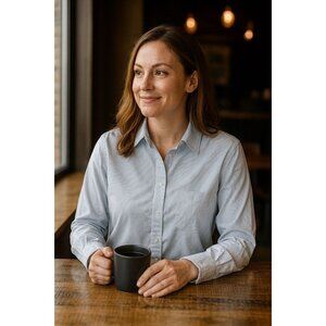 George Women’s Button Shirt M Blue Pinstripe Stretch Long Sleeve Office Classic